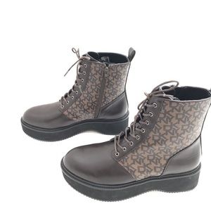 DKNY Roselyn Brown Size 10 Faux-Leather Platform Lace Up Combat Boo…